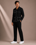 Men's Black Contrast Stitch Utility Overshirt | Premium Full Sleeve Button-Down Casual Shirt Jacket