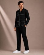 Men's Black Contrast Stitch Utility Overshirt | Premium Full Sleeve Button-Down Casual Shirt Jacket