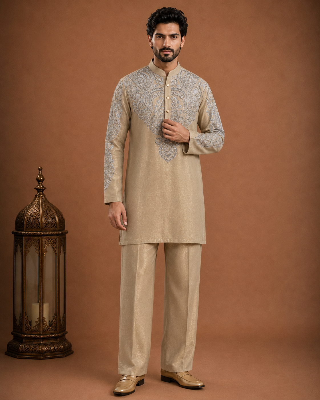 Men’s Beige Embroidered Kurta | Premium Wedding & Festive Ethnic Wear