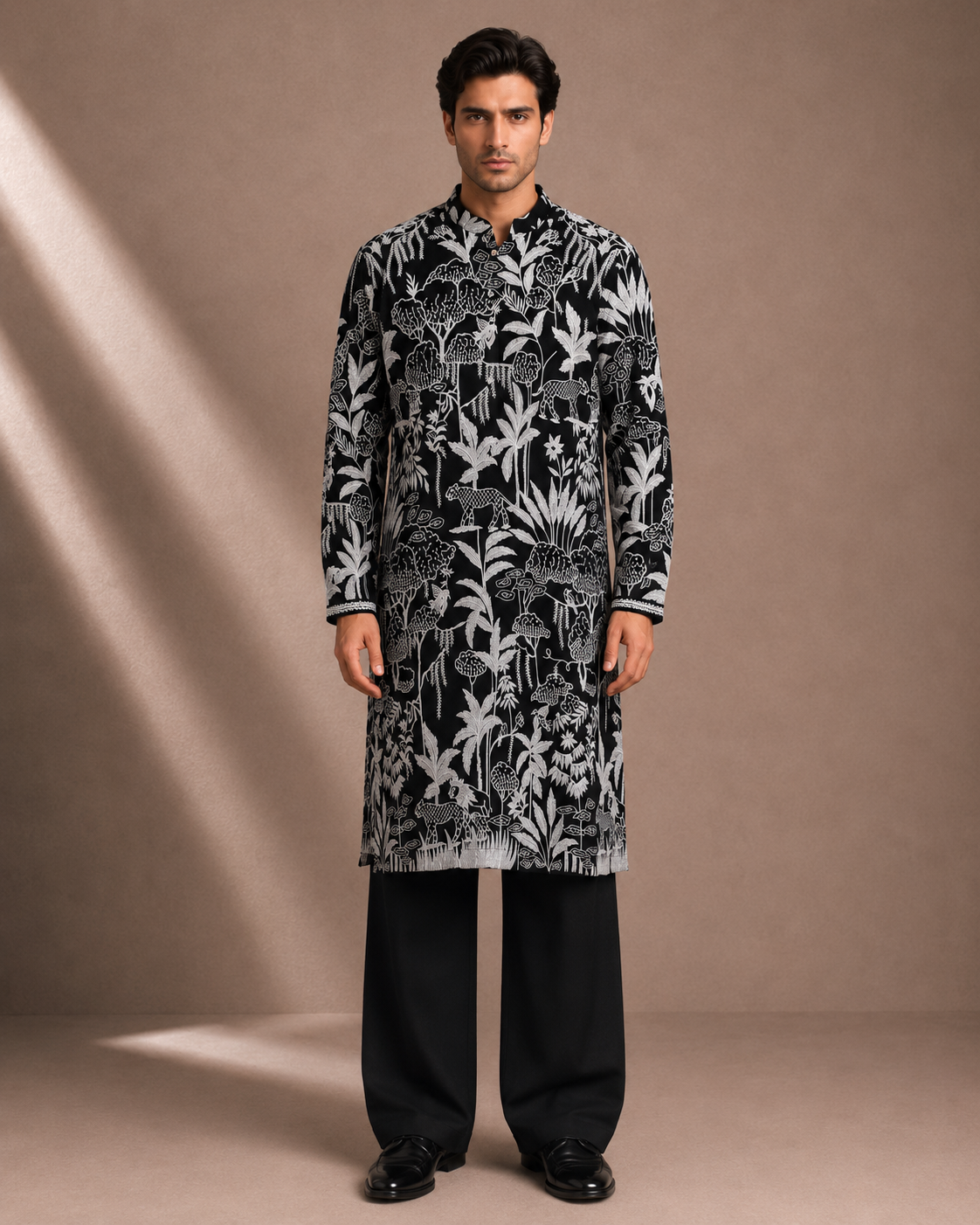 Men's Black Jungle Print Kurta | Premium Designer Ethnic Kurta for Festive & Wedding Wear