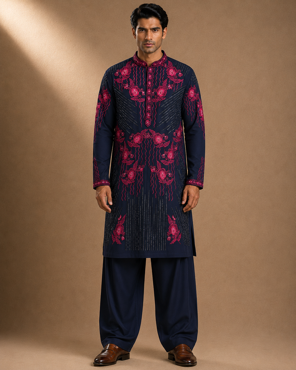 Navy Blue Embroidered Kurta for Men – Festive & Wedding Wear