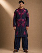 Navy Blue Embroidered Kurta for Men – Festive & Wedding Wear