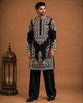 Black Heavy Kashmiri Embroidered Buttoned Kurta for Men | Wedding & Festive Wear