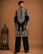 Black Heavy Kashmiri Embroidered Buttoned Kurta for Men | Wedding & Festive Wear