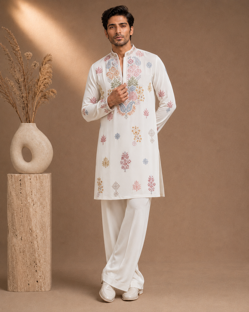 Off-White Multi-Color Kashmiri Embroidered Kurta for Men | Festive & Wedding Wear
