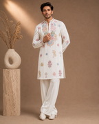 Off-White Multi-Color Kashmiri Embroidered Kurta for Men | Festive & Wedding Wear