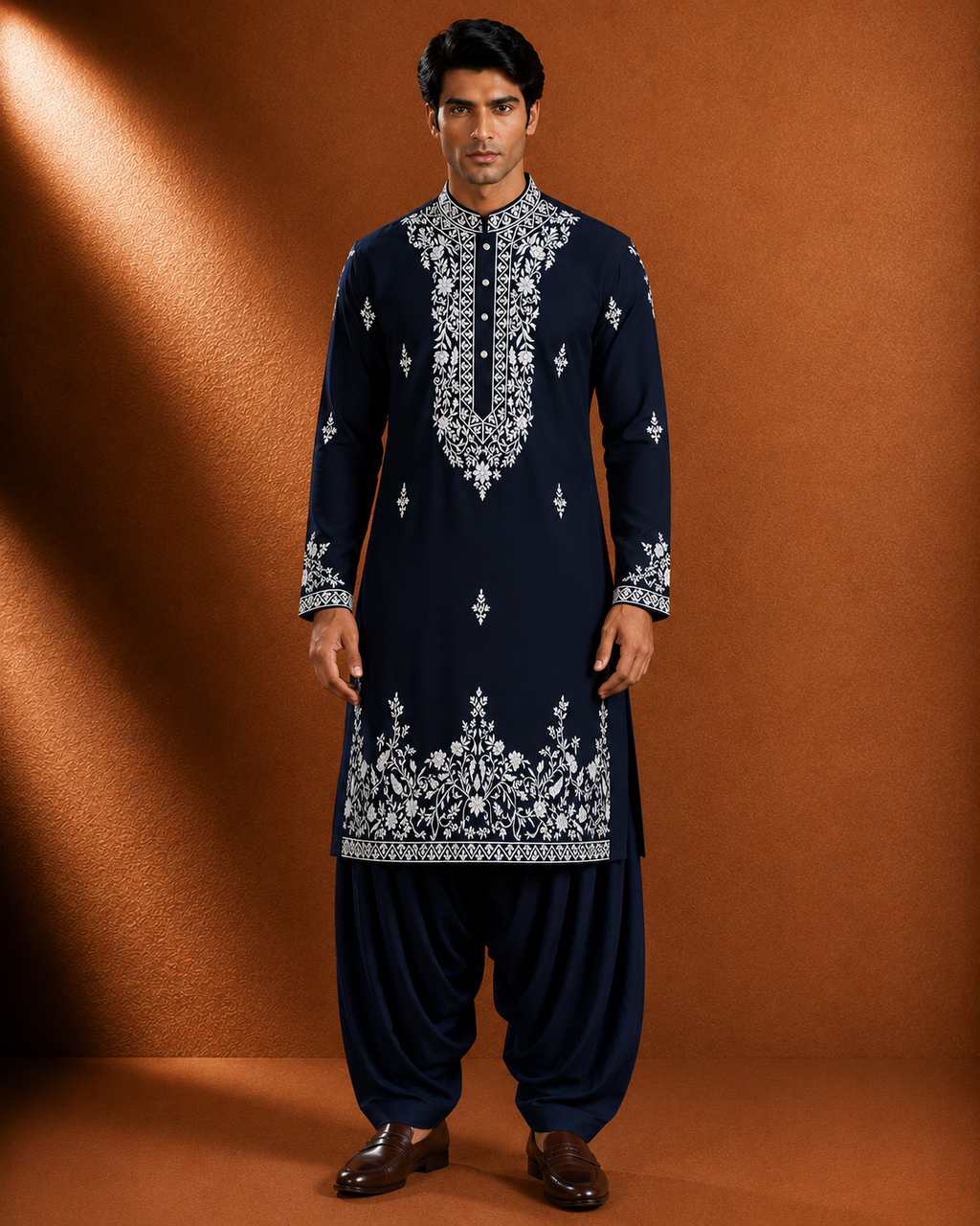 Men's Navy Blue Embroidered Pathani Kurta | Premium Ethnic Wear for Festive & Wedding Occasions