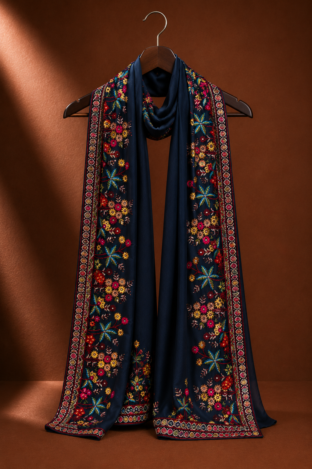 Men's Navy Blue Embroidered Kurta with Embroidered Stole
