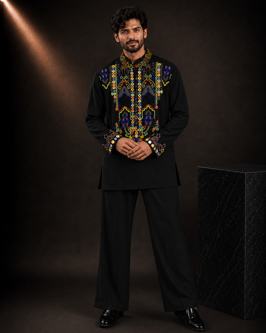 Men’s Black Multicolor Embroidered Kurta | Designer Ethnic Wear