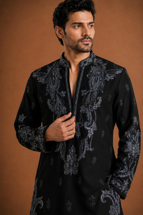 Black Charcoal Embroidered Kurta for Men | Festive & Wedding Party Wear
