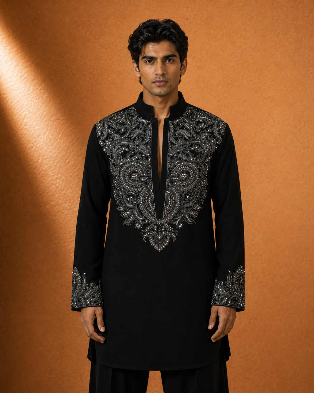 Men's Black Silver Embroidered Kurta | Premium Ethnic Wear for Festive & Wedding Occasions