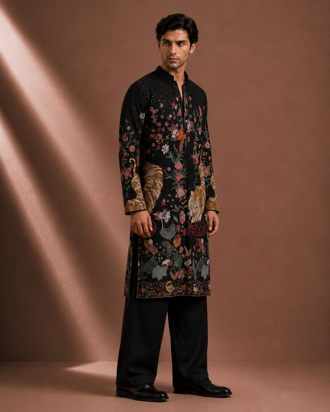 Men's Black Tiger Print Kurta | Premium Designer Ethnic Kurta for Wedding & Festive Wear