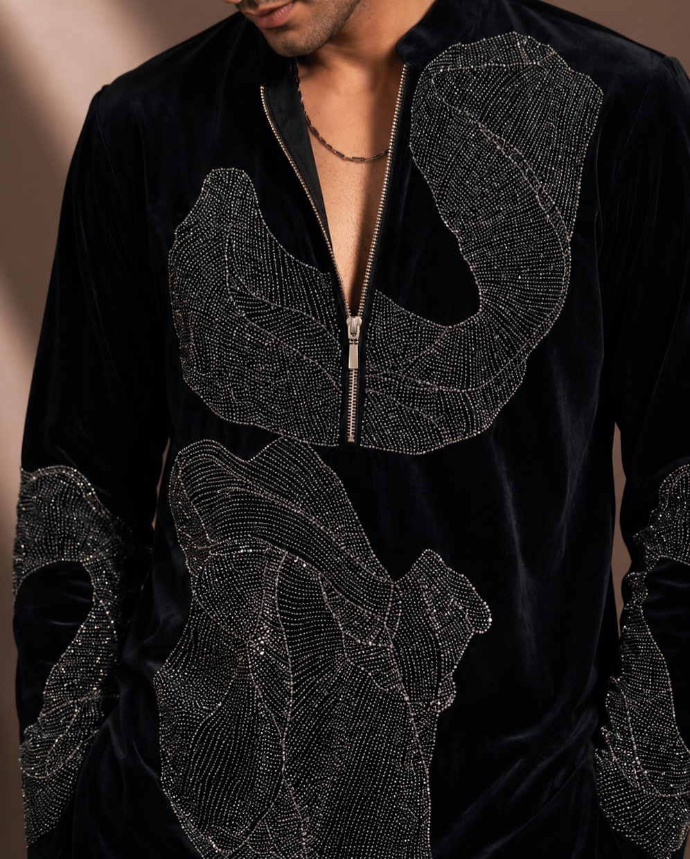 Black Velvet Zip-Front Embroidered Kurta for Men | Contemporary Festive & Party Wear