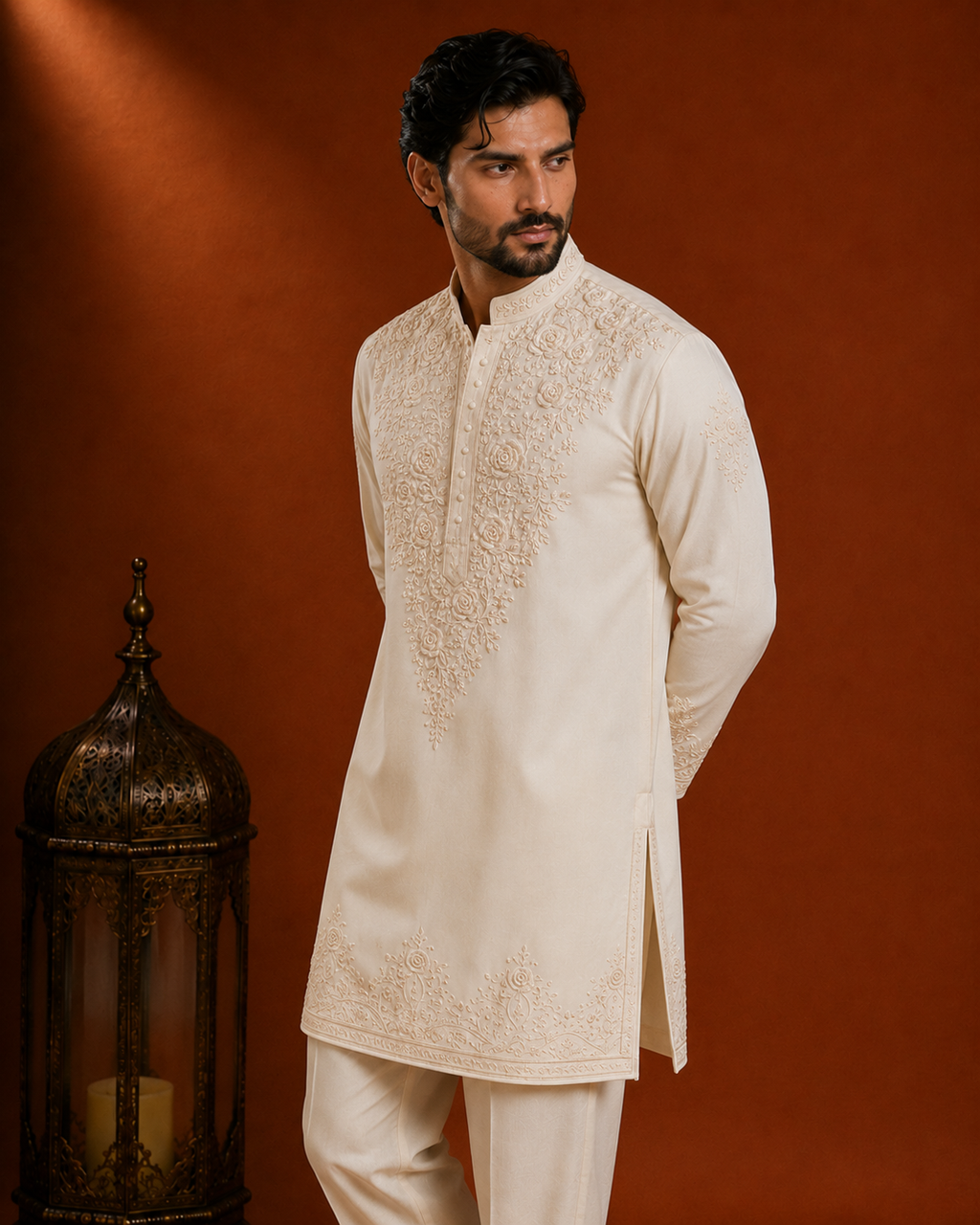 Cream Tone-on-Tone Embroidered Kurta for Men | Groom & Wedding Festive Wear
