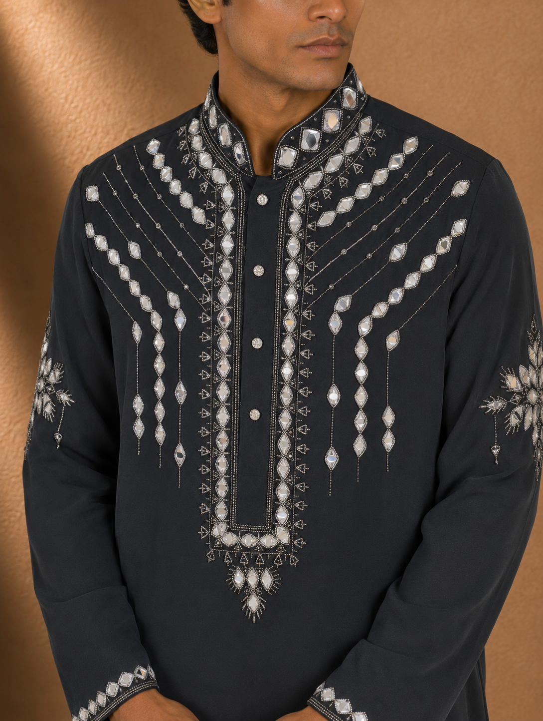Men's Charcoal Grey Mirror Embroidered Kurta | Premium Ethnic Wear for Festive & Wedding Occasions