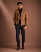 Men's Premium Tan Brown Biker Jacket | Regular Fit Zip-Up Casual Jacket