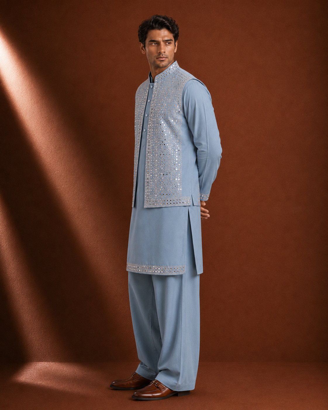 Men's Sky Blue Embroidered Kurta with Mirror Work Jacket