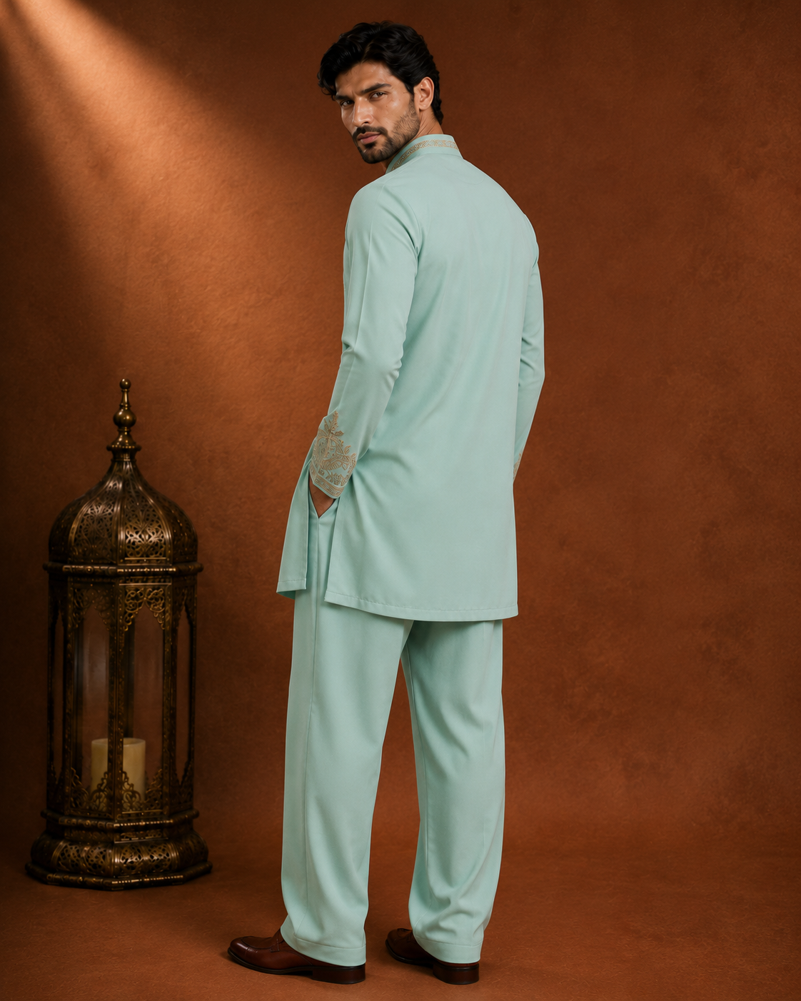 Mint Green Botanical Embroidered Kurta for Men | Festive & Wedding Occasion Wear