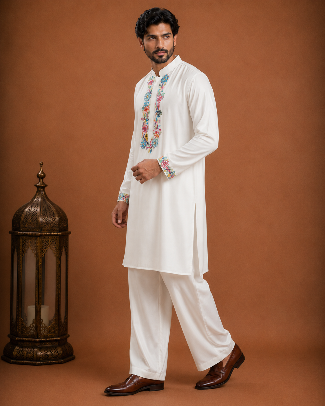 Men’s White Embroidered Kurta | Multicolor Floral Embroidery Traditional Ethnic Wear
