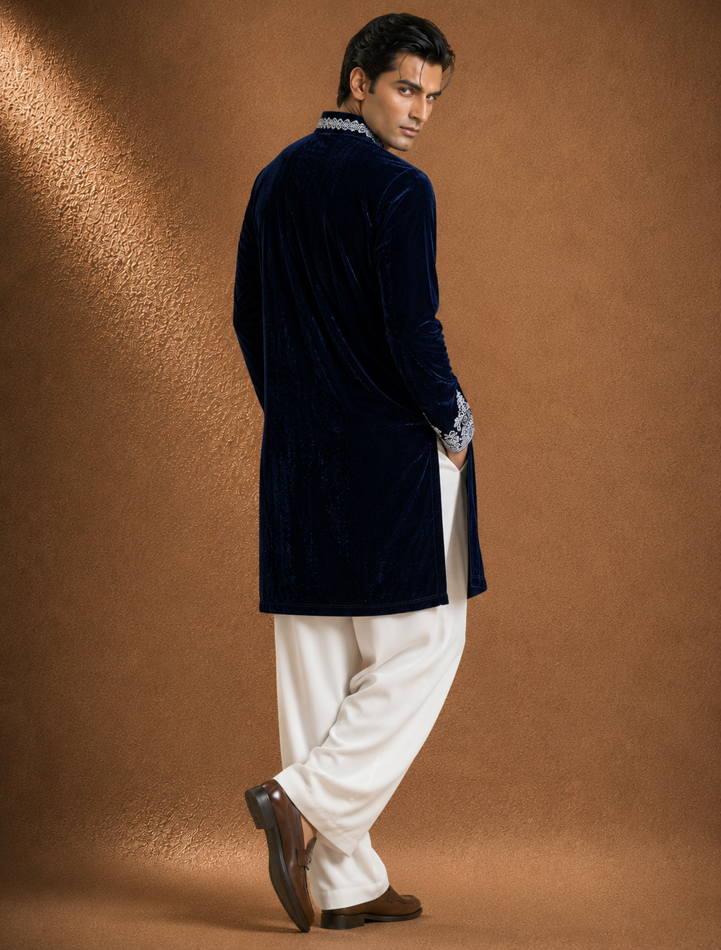 Navy Blue Velvet Embroidered Men's Kurta | Premium Festive & Wedding Ethnic Wear