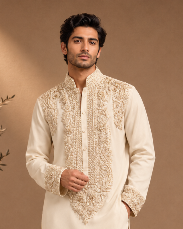 Off-White Tone-on-Tone Embroidered Kurta for Men | Groom & Festive Wedding Wear