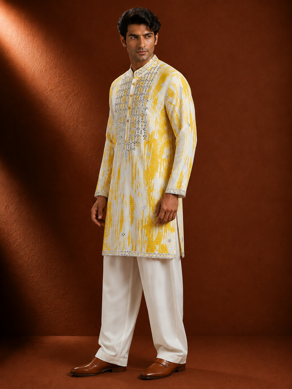 Men's Yellow Printed Embellished Kurta