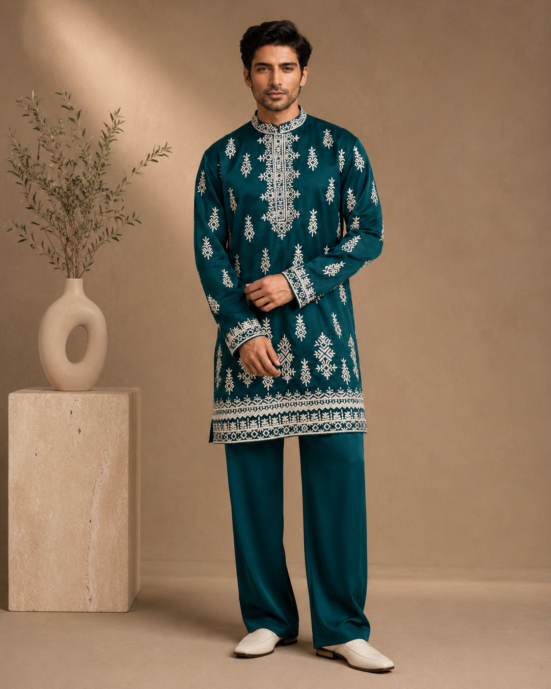 Teal Green Embroidered Kurta for Men | Festive & Wedding Party Wear
