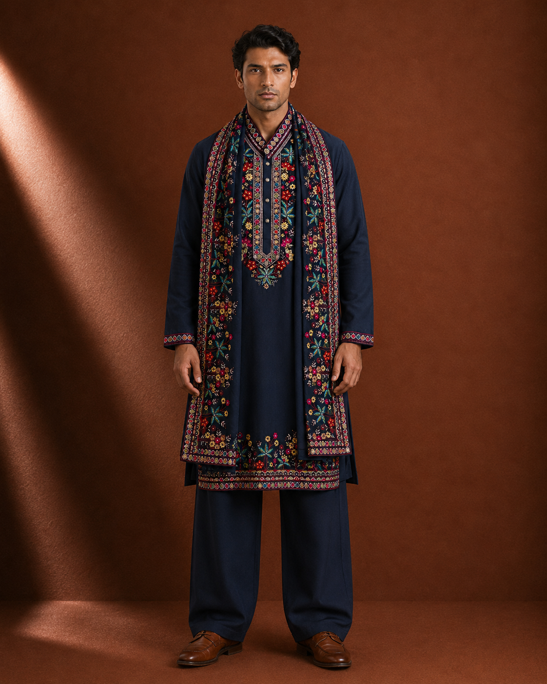 Men's Navy Blue Embroidered Kurta with Embroidered Stole