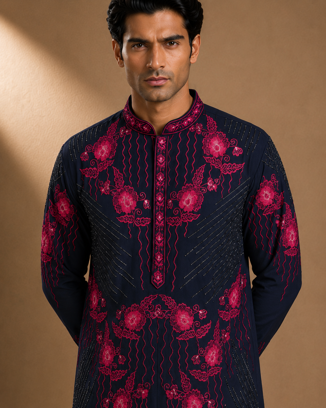 Navy Blue Embroidered Kurta for Men – Festive & Wedding Wear