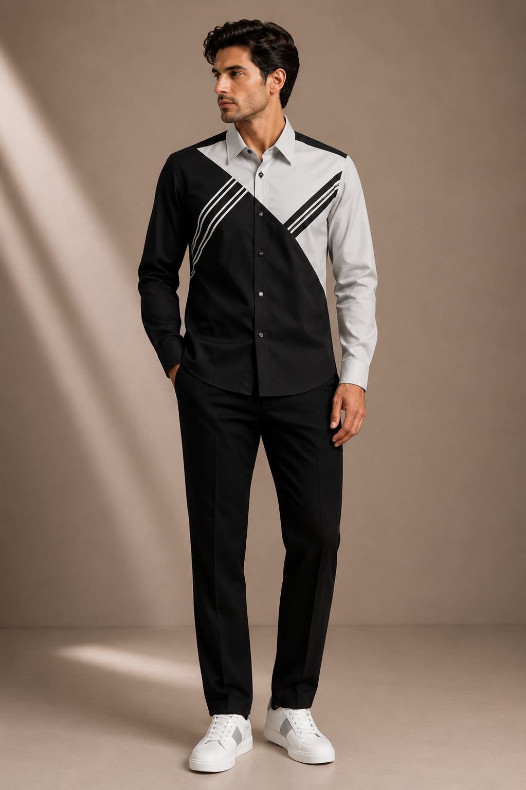 Men's Premium Black &amp; White Color Block Casual Shirt | Regular Fit Full Sleeve Shirt