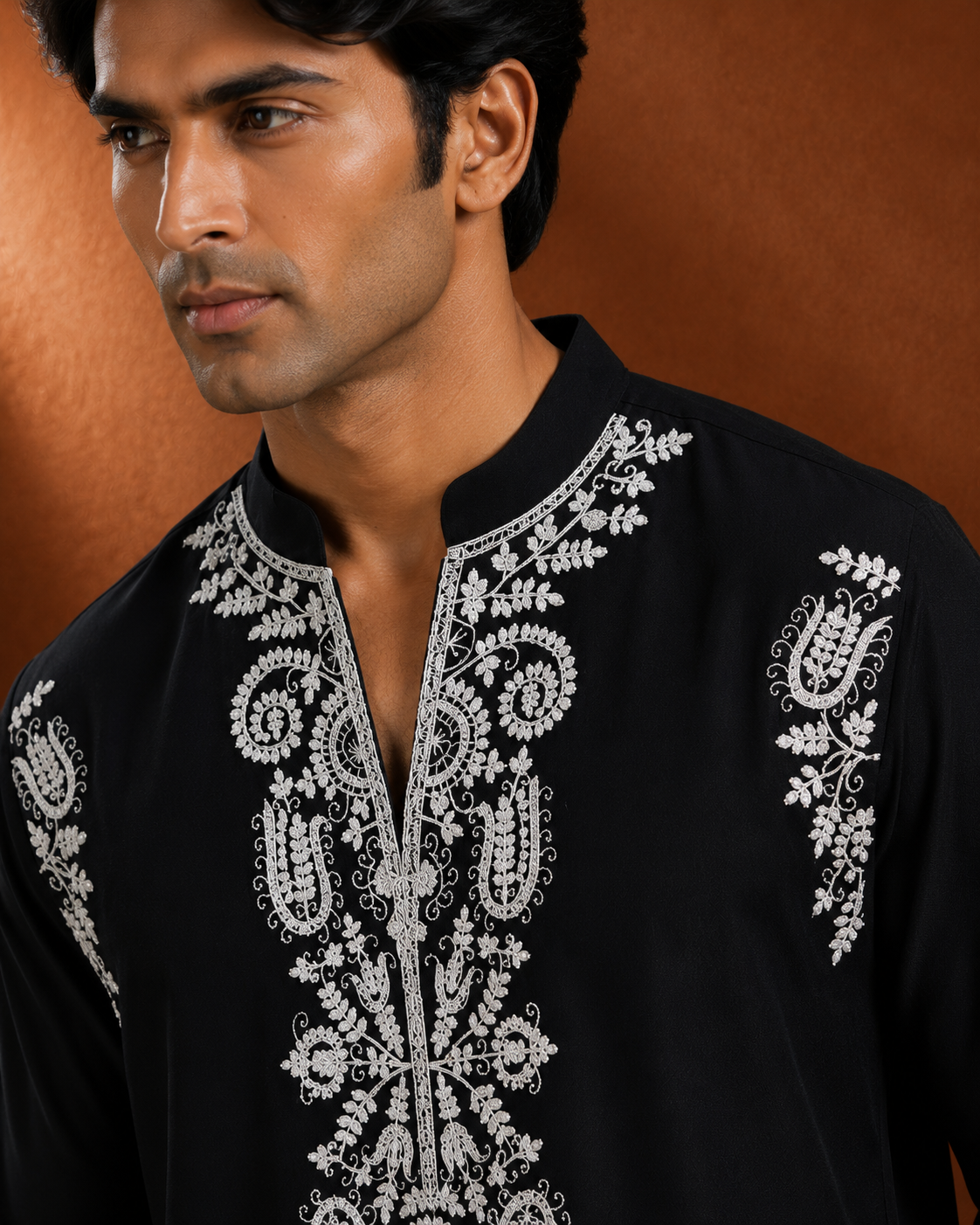 Men's Black Floral Embroidered Kurta | Premium Ethnic Wear for Festive & Wedding Occasions
