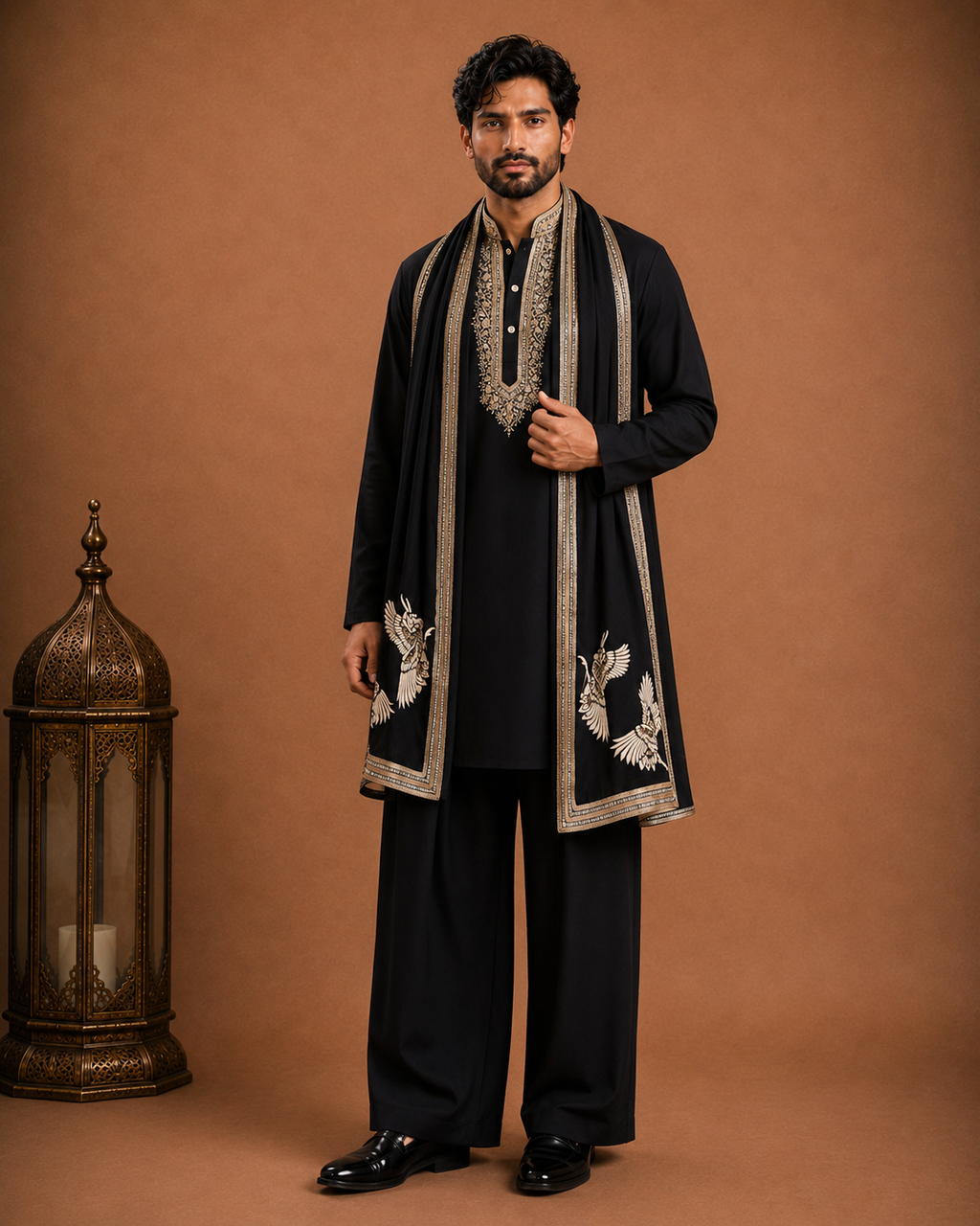Black Embroidered Kurta with Printed Stole | Men’s Ethnic Wear