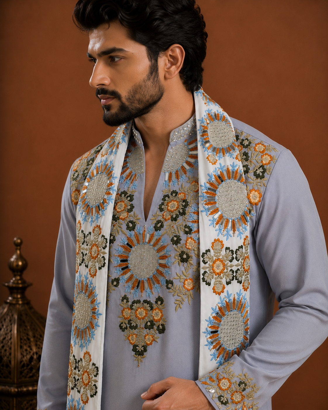 Men’s Light Blue Embroidered Kurta with Floral Stole | Premium Festive & Wedding Wear