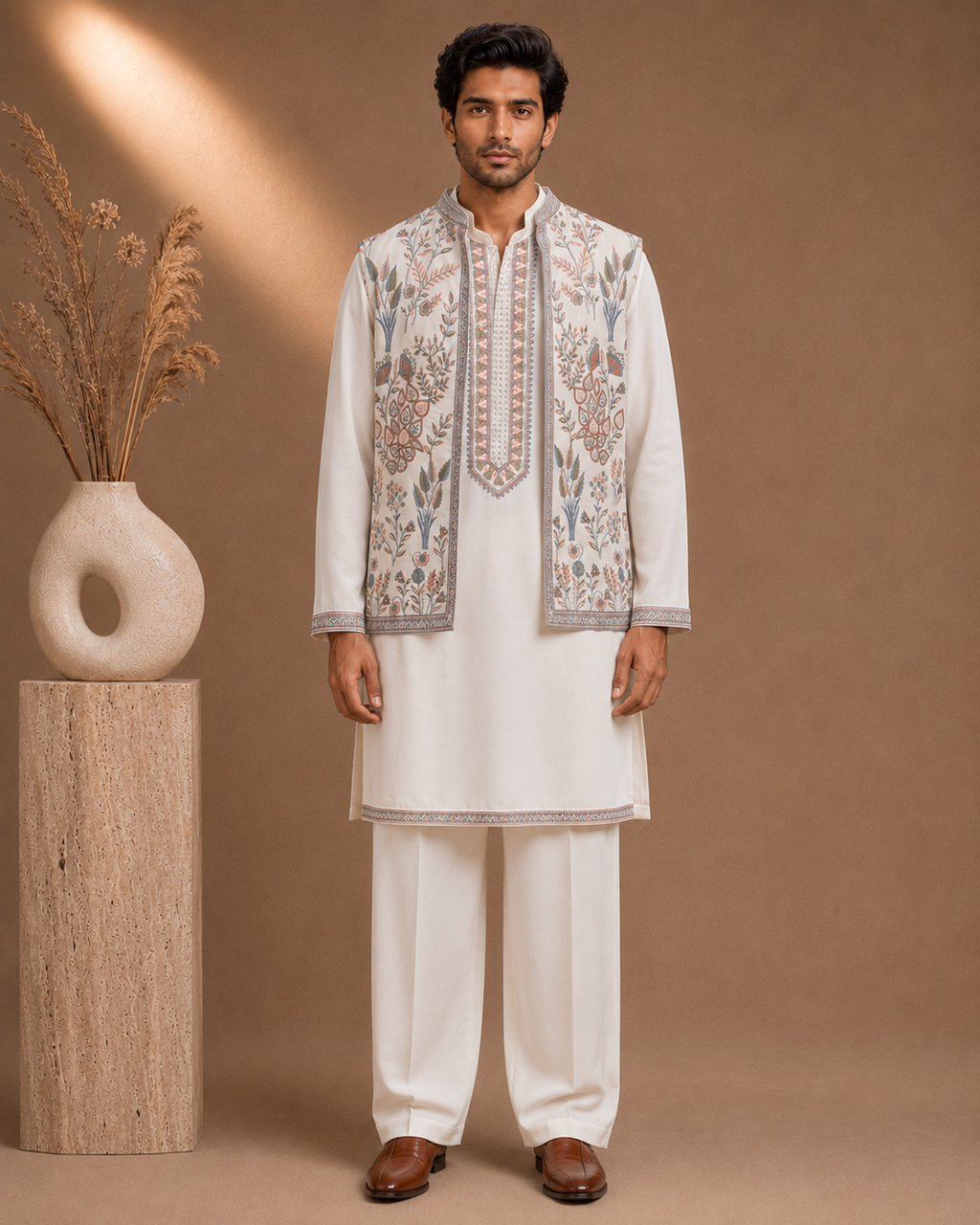 Off-White Embroidered Kurta with Nehru Jacket Set for Men | Groom & Festive Wedding Wear