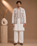 Off-White Embroidered Kurta with Nehru Jacket Set for Men | Groom & Festive Wedding Wear