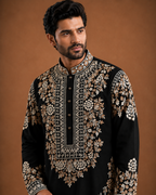Black Heavy Kashmiri Embroidered Buttoned Kurta for Men | Wedding & Festive Wear