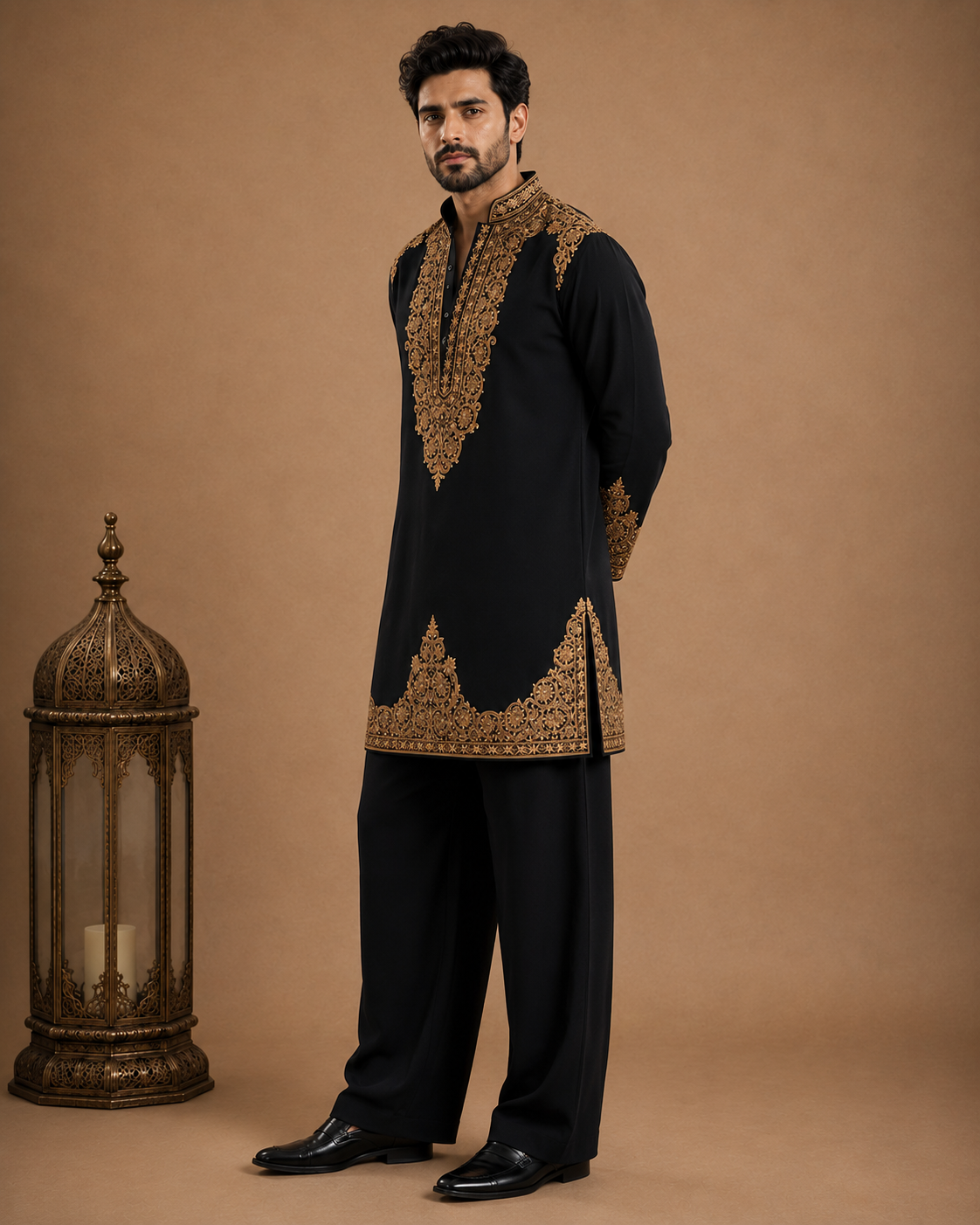 Black Gold Embroidered Kurta for Men | Festive & Wedding Party Wear