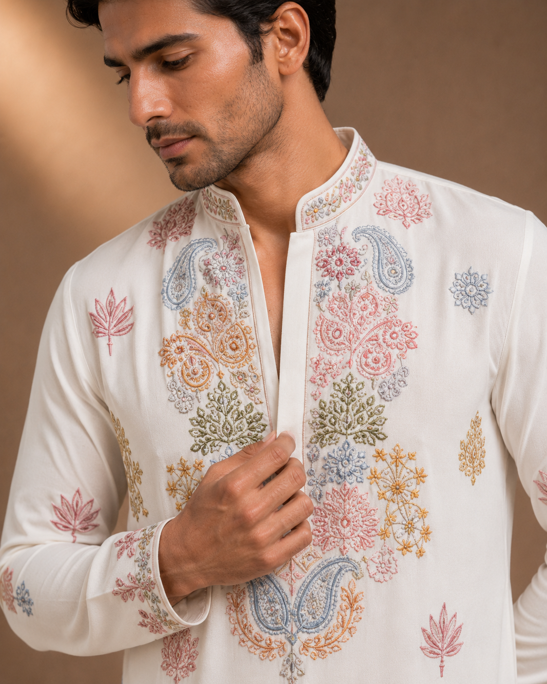 Off-White Multi-Color Kashmiri Embroidered Kurta for Men | Festive & Wedding Wear