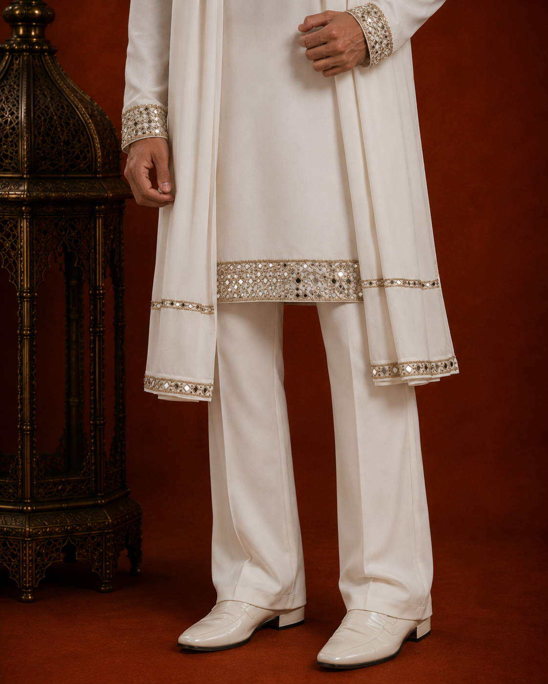 Men’s Ivory Embroidered Kurta with Dupatta | Premium Wedding & Festive Wear