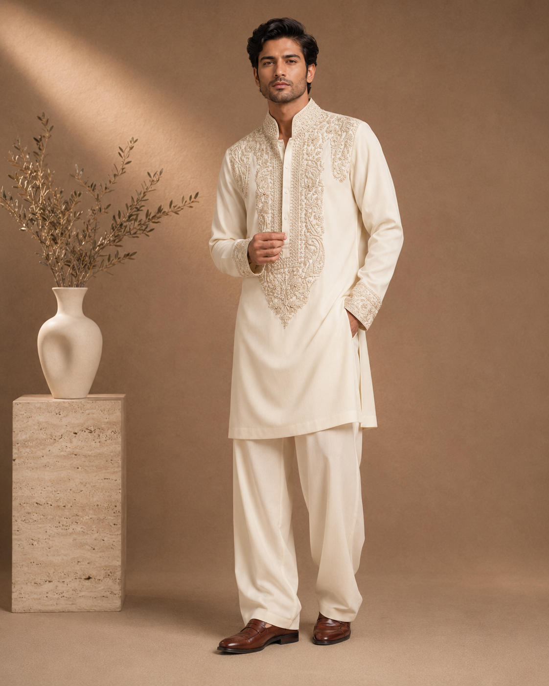 Off-White Tone-on-Tone Embroidered Kurta for Men | Groom & Festive Wedding Wear