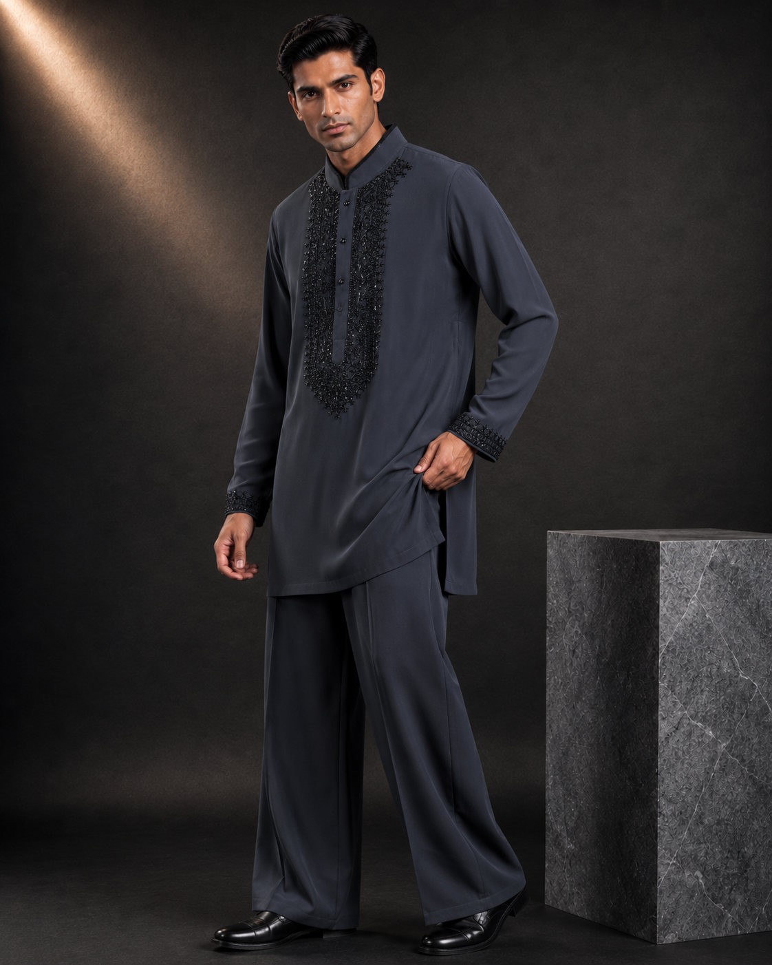 Men’s Charcoal Grey Embroidered Kurta | Mandarin Collar Festive Wear