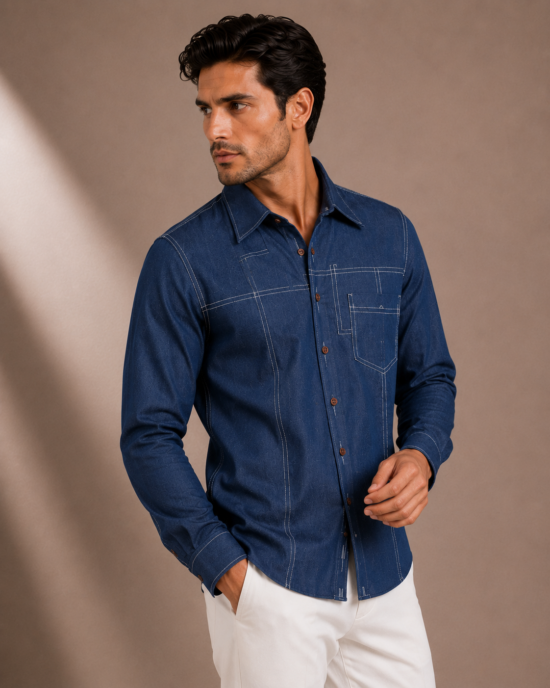 Men's Indigo Blue Premium Cotton Shirt with Contrast Stitching | Full Sleeve Casual & Smart Casual Shirt