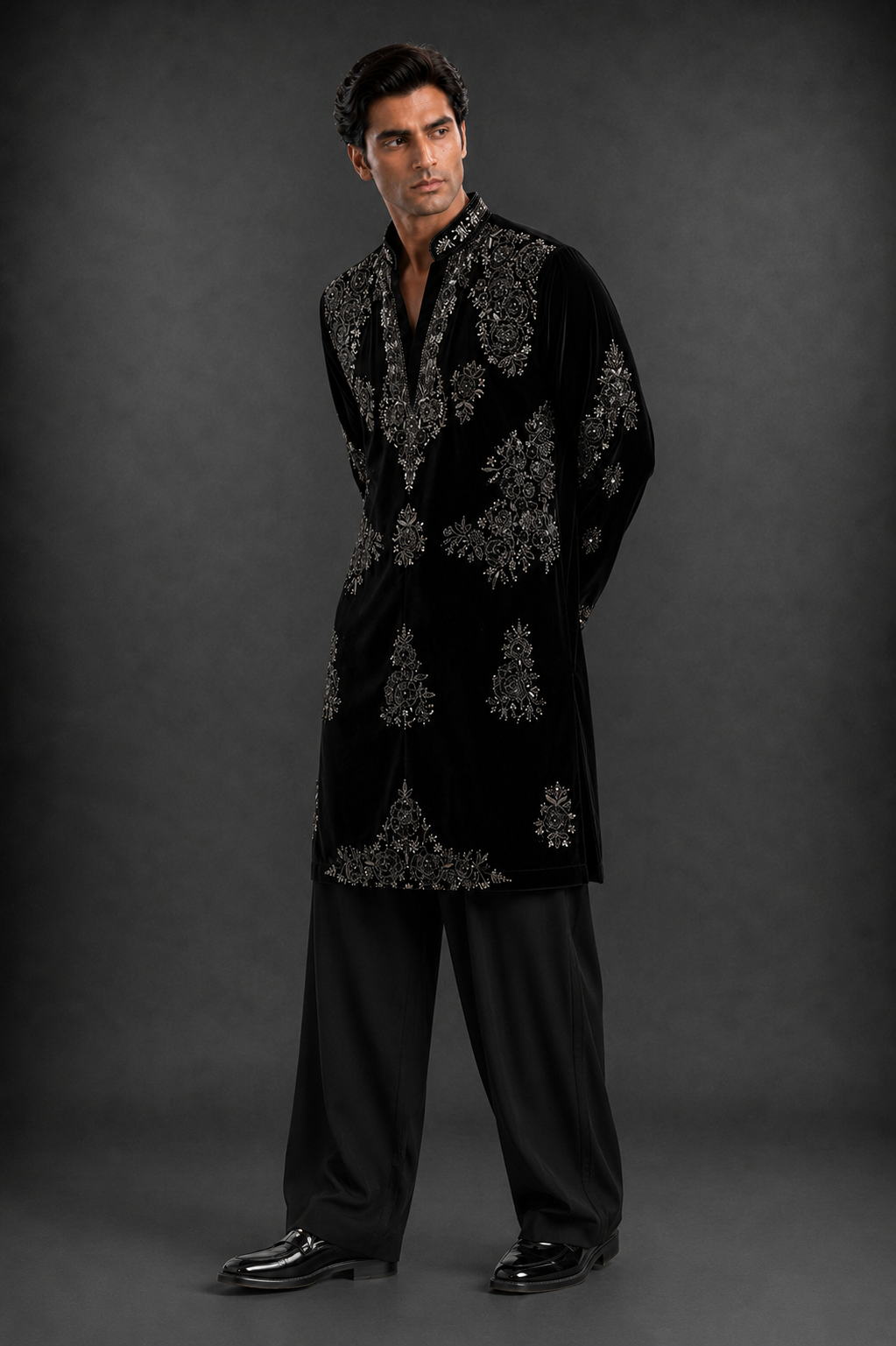 Men's Black Velvet Embroidered Designer Kurta | Premium Festive & Wedding Wear Kurta for Men