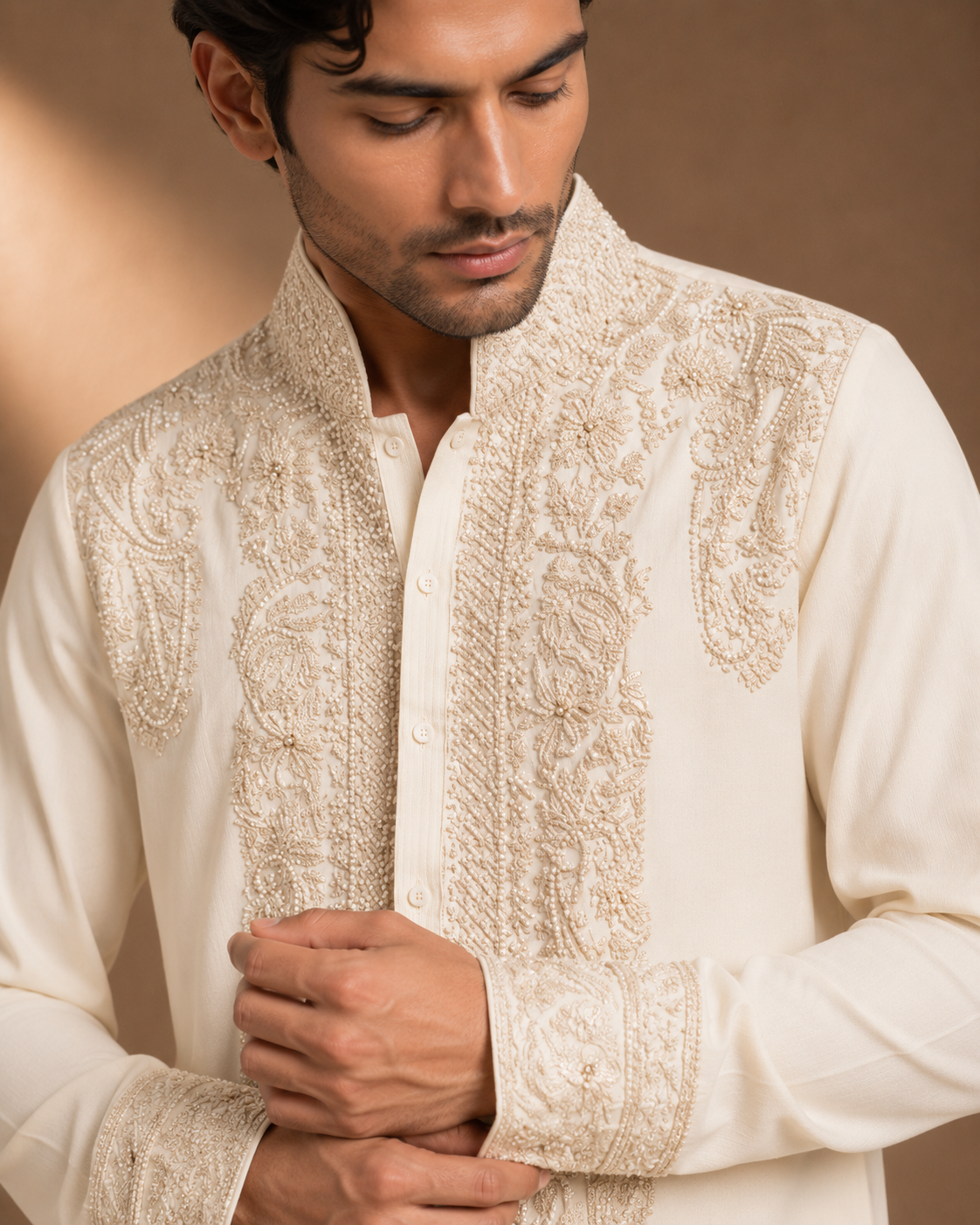 Off-White Tone-on-Tone Embroidered Kurta for Men | Groom & Festive Wedding Wear