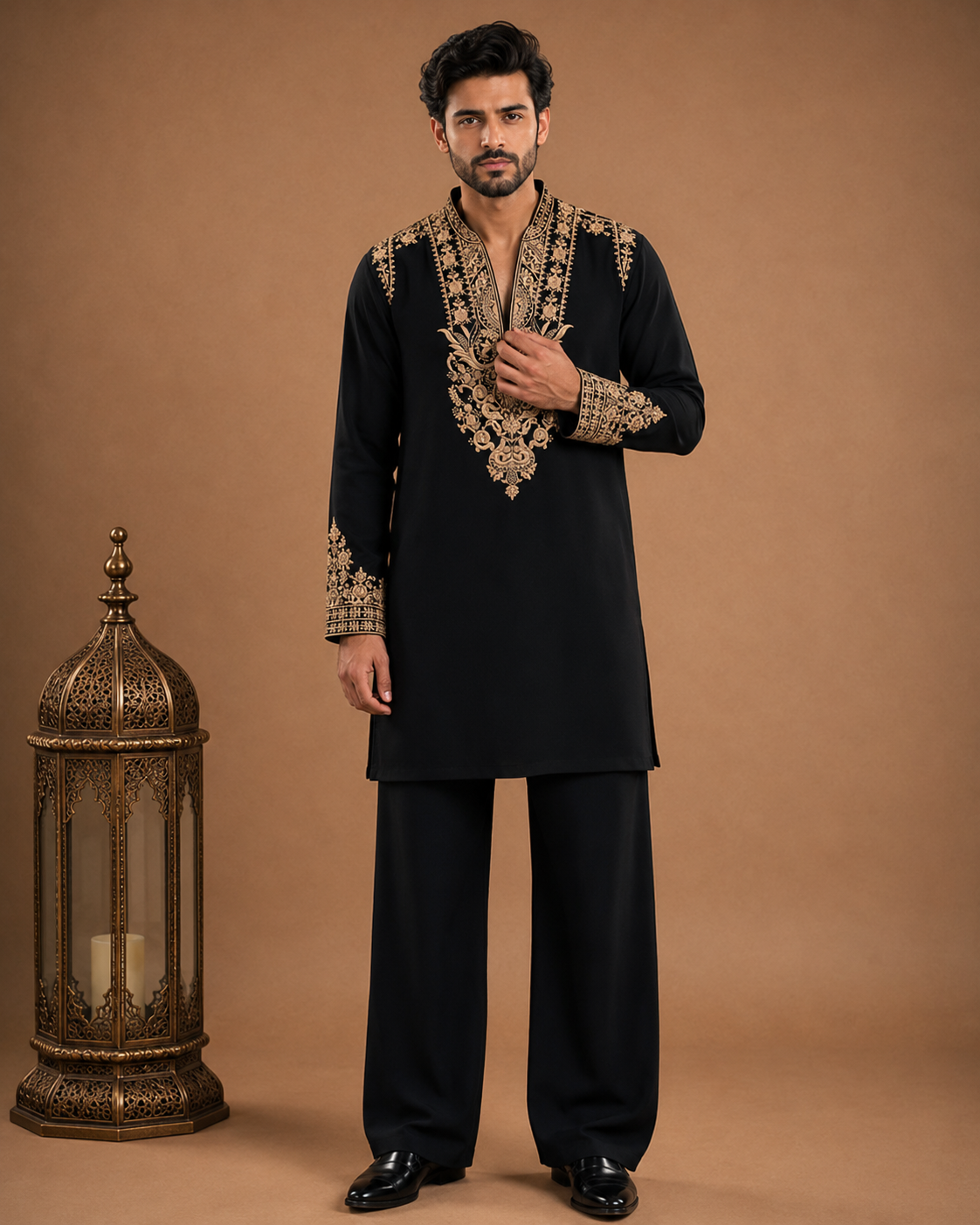 Black Gold Neck-Embroidered Kurta for Men | Festive & Wedding Party Wear