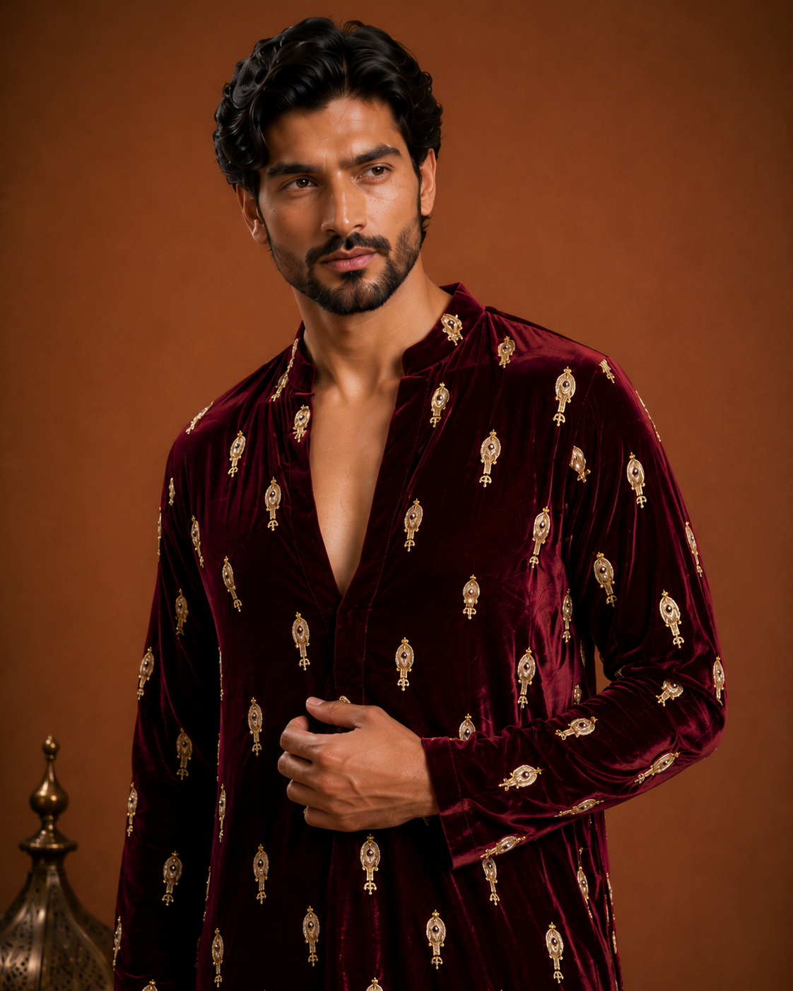 Luxury Maroon Velvet Kurta Pajama Set for Men with Gold Embroidery Festive Wedding Wear