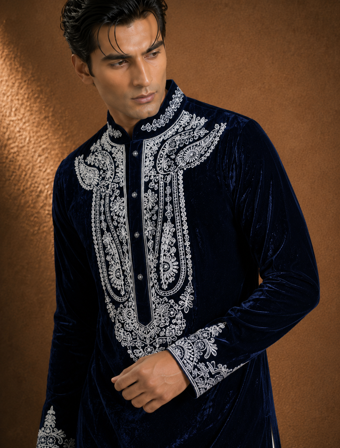 Navy Blue Velvet Embroidered Men's Kurta | Premium Festive & Wedding Ethnic Wear