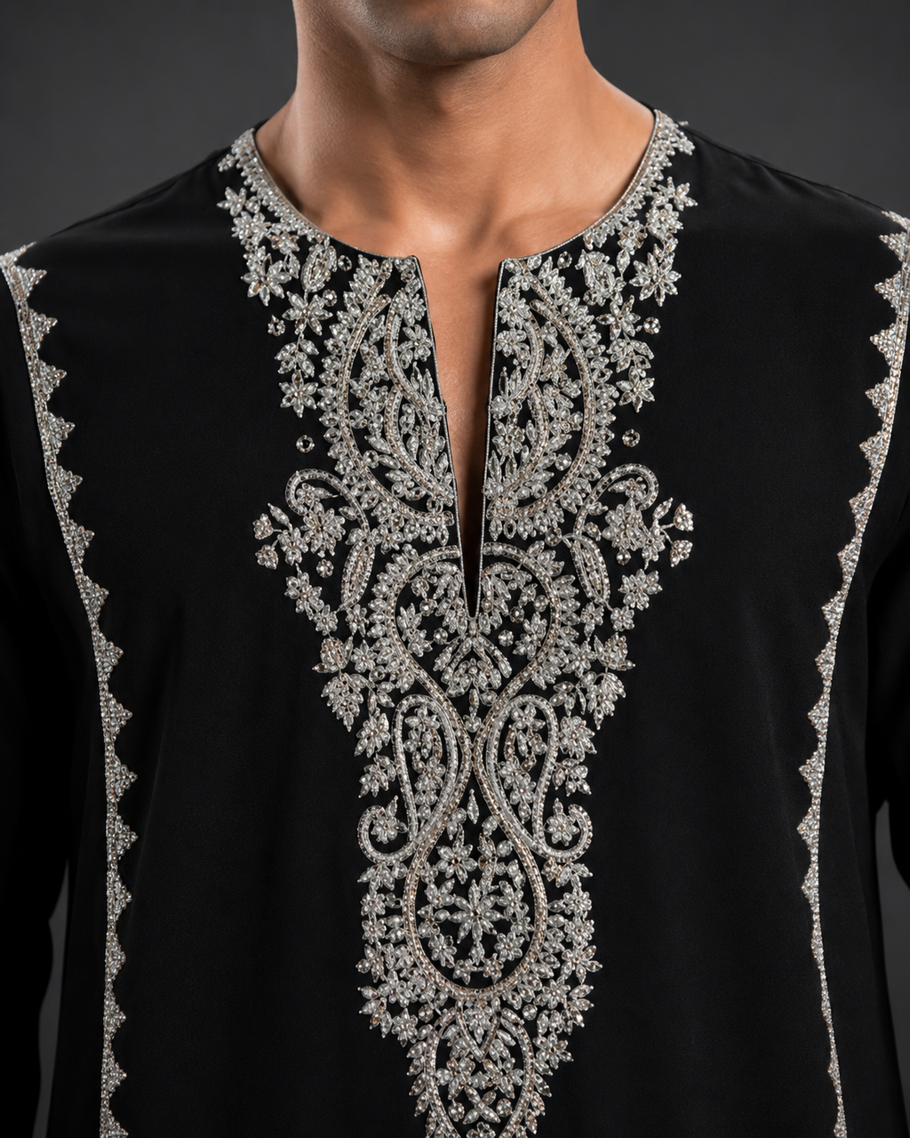 Men's Black Designer Embroidered Kurta | Premium Silver Embroidery Festive Ethnic Wear