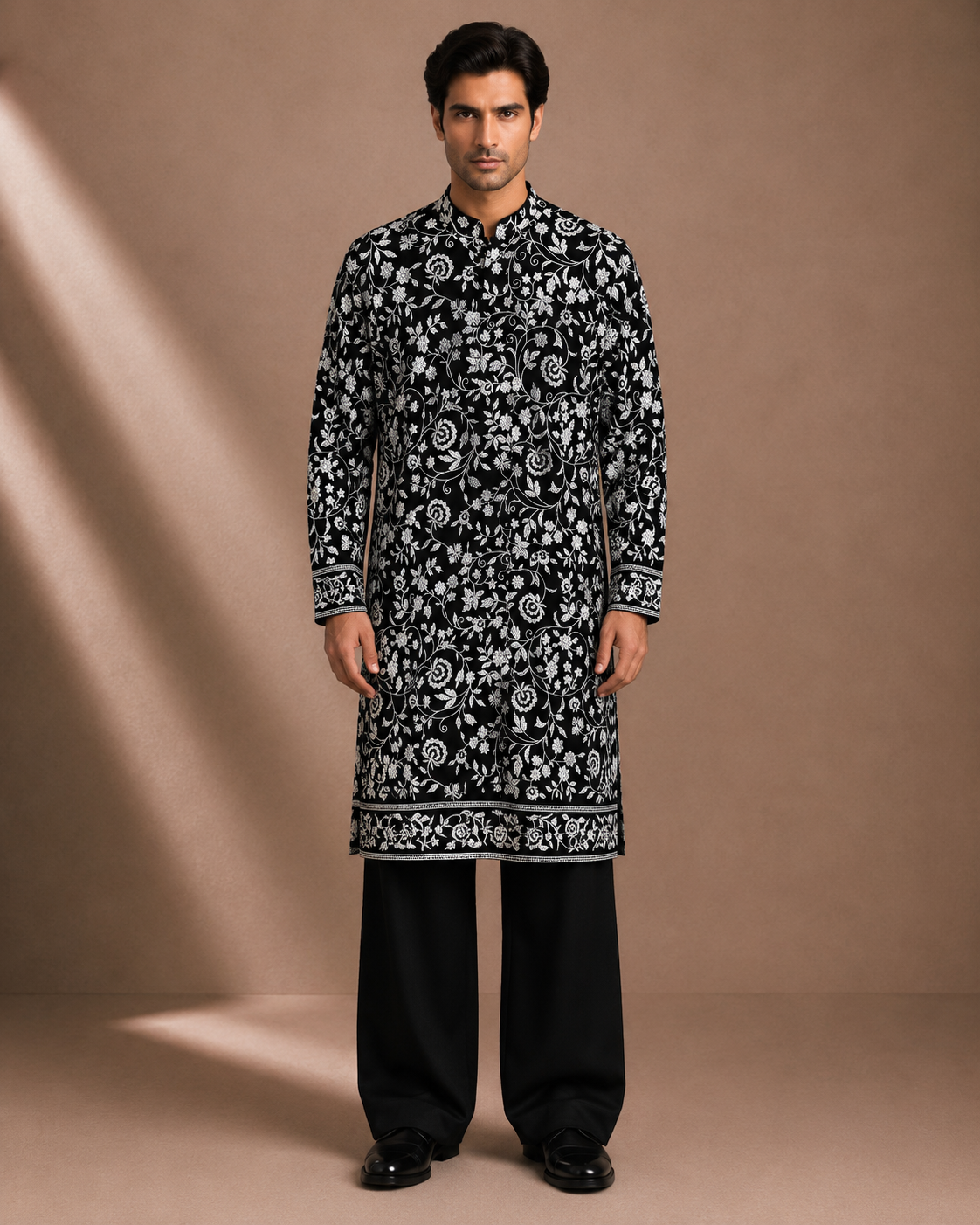 Men's Black Floral Printed Kurta | Premium Ethnic Wear for Festive & Wedding Occasions