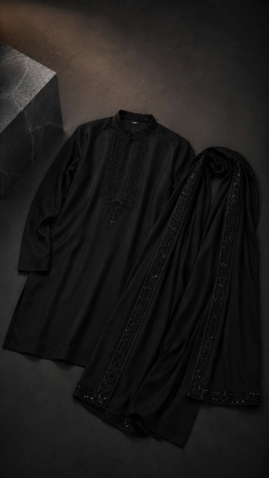 Men's Black Designer Kurta with Embroidered Stole | Premium Ethnic Kurta for Weddings, Festive Wear